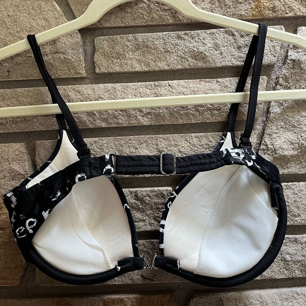 Vintage VENUS Swimwear Bikini Black White Scroll Print Y2K 34b top Medium Bottom - Picture 3 of 12